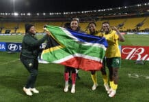Banyana Banyana celebrate with the South African flag