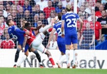 Nottingham Forest's Taiwo Awoniyi has a attempt at goal during the Premier League match at Stamford Bridge