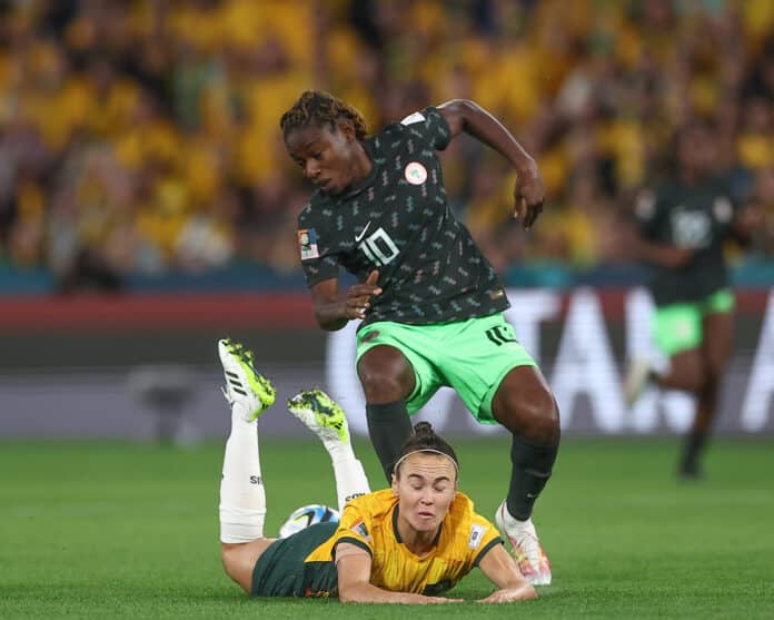 Super Falcons Christy Ucheibe and Matilda's Caitlin